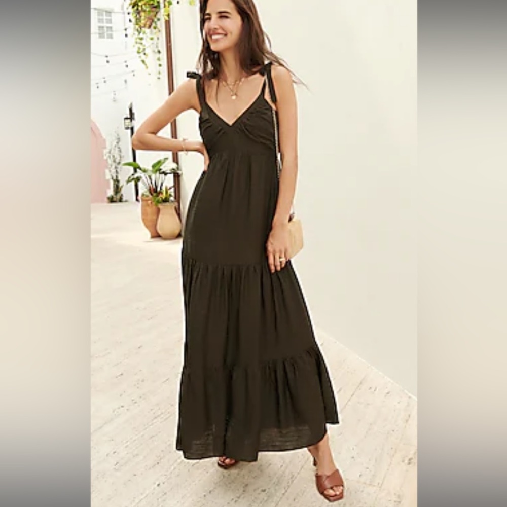 Tie Shoulder Tiered Maxi Dress in Olive Green